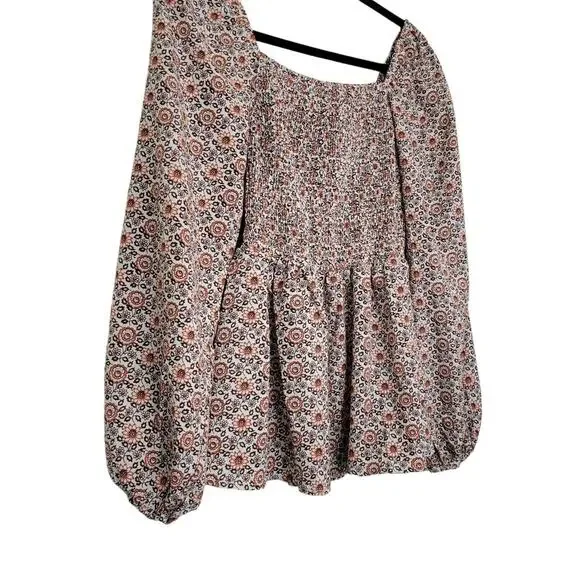 Hayden Smocked Puff Sleeve Floral Print Square Neck Peplum Blouse Women Sz S - Picture 7 of 9